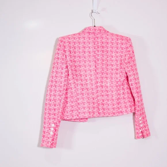 NEW L'Agence Inez Cropped Open Front Tweed Boucle Jacket Bblazer Hot Pink 2 - Picture 4 of 4